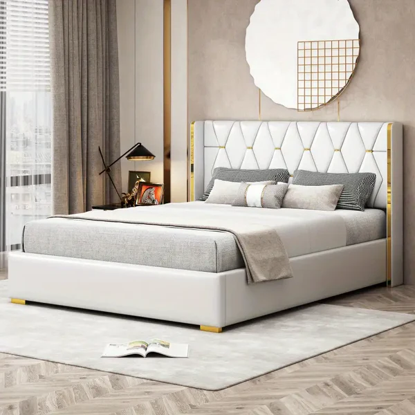 Cama Queen con plataforma y rayas de metal, color beige