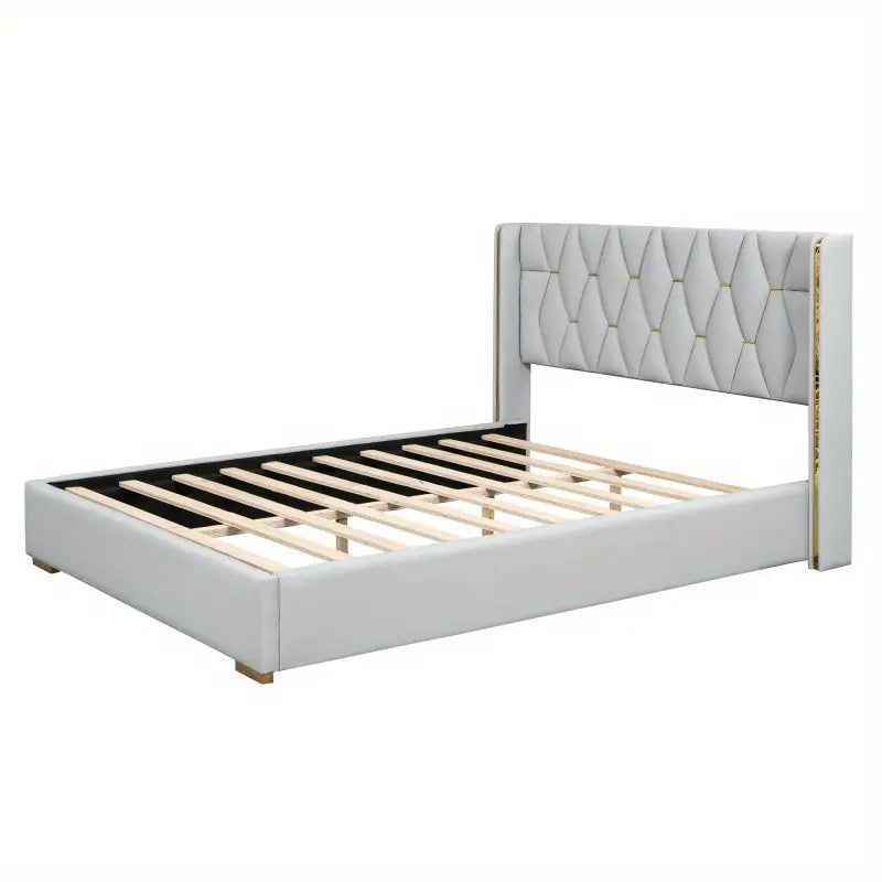 Cama Queen con plataforma y rayas de metal, color beige