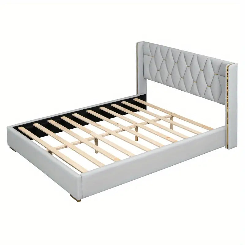 Queen Platform Bed with Metal Stripes, Beige