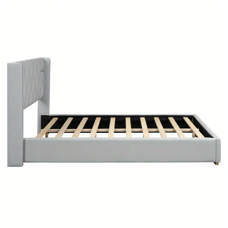 Cama Queen con plataforma y rayas de metal, color beige