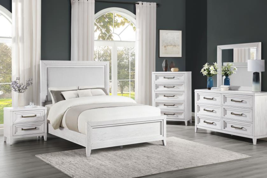 Juego de dormitorio Marielle de 4 piezas con cama tamaño king en color blanco desgastado 224841KE-S4 