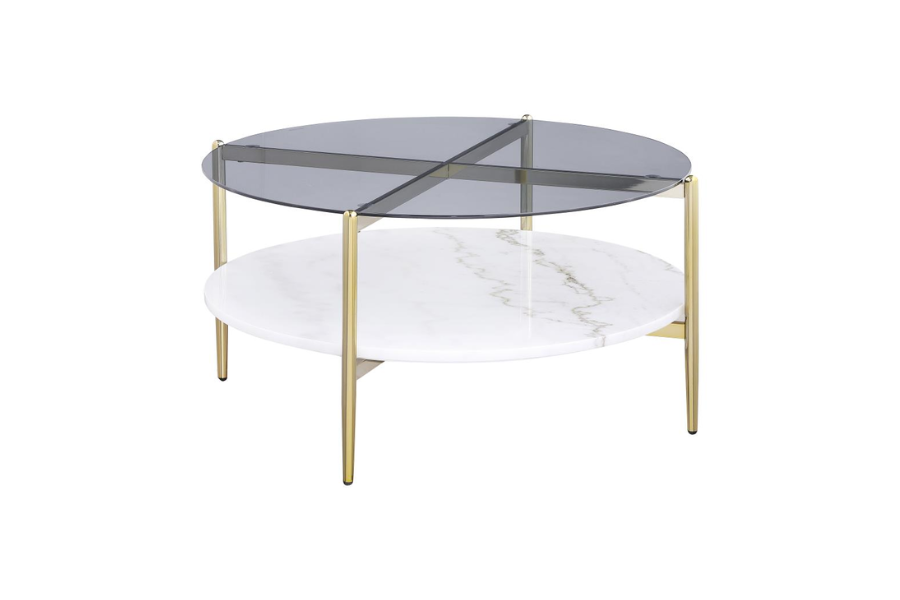 Jonelle Round Glass Top Coffee Table White Marble Shelf Gold 710338