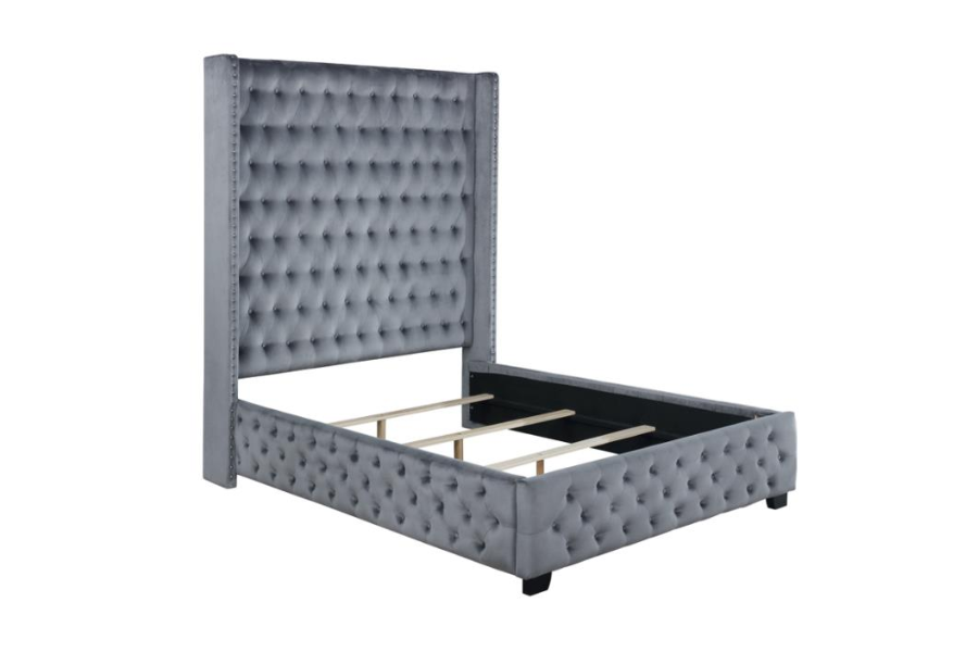 Cama tapizada con respaldo de alas estilo Eastern King de Rocori, color gris 306075KE 