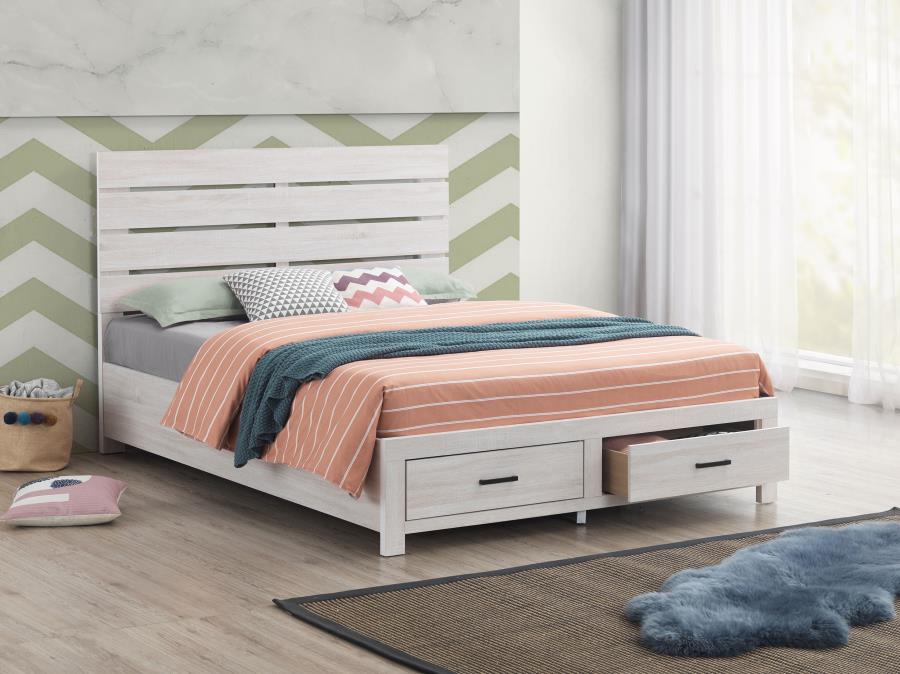 Cama Queen con paneles de almacenaje de madera Brantford en color blanco costero 207050Q 