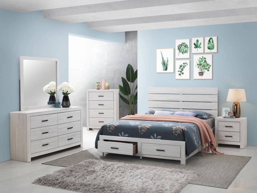 Cama Queen con paneles de almacenaje de madera Brantford en color blanco costero 207050Q 