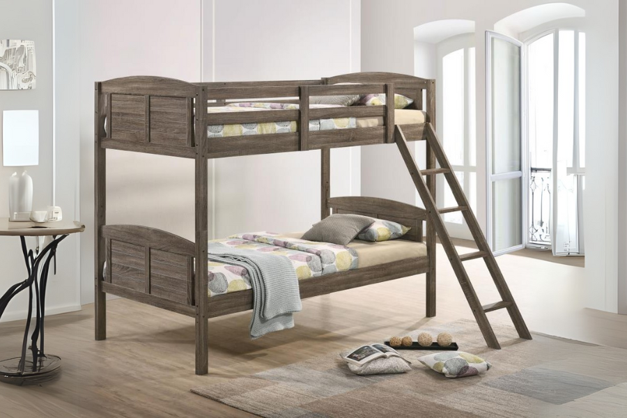 Flynn Wood Twin Over Twin Bunk Bed Weathered Brown 400808