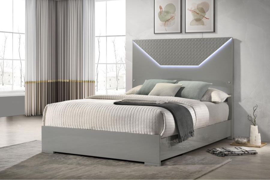 Ives Eastern King Panel Bed LED Headboard Grey High Gloss 224971Q