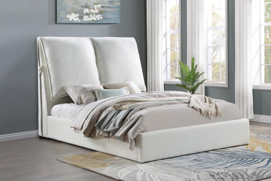 Cama King con paneles tapizados Gwendoline, estilo oriental, color blanco 306040KE 