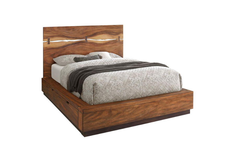 Cama con paneles de almacenaje Winslow Wood Eastern King en nogal ahumado 223250K