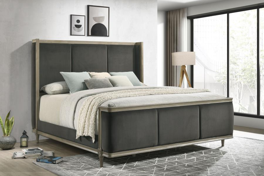 Cama King con respaldo alto tapizada en madera de aliso, estilo oriental, color gris francés 223121KE 