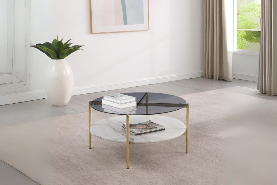 Jonelle Round Glass Top Coffee Table White Marble Shelf Gold 710338