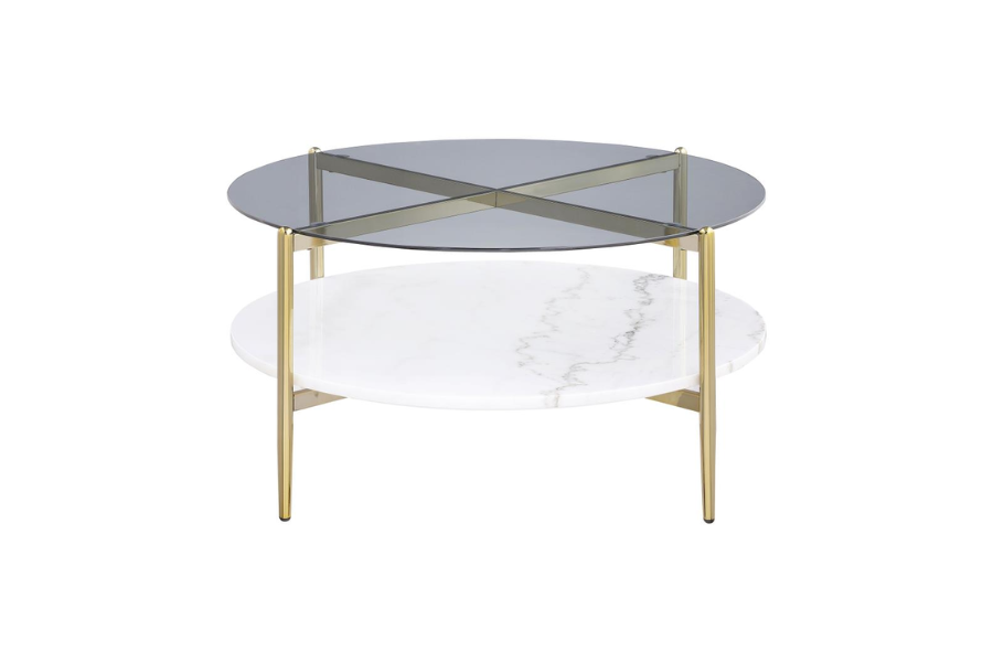 Jonelle Round Glass Top Coffee Table White Marble Shelf Gold 710338