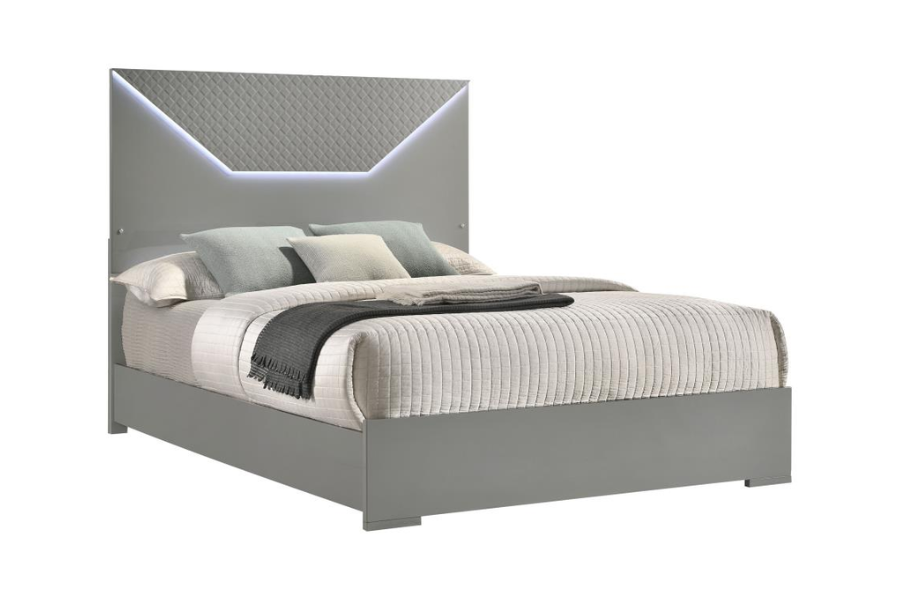 Ives Eastern King Panel Bed LED Headboard Grey High Gloss 224971Q