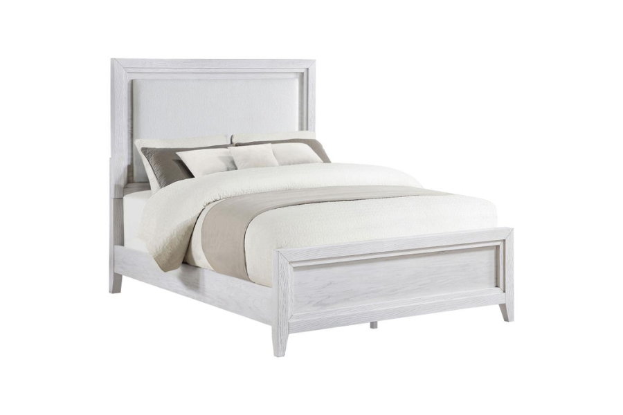 Marielle Eastern King Upholstered Panel Bed Distressed White 224841KE