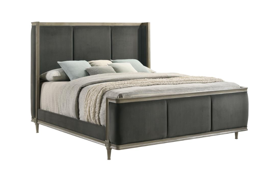 Cama King con respaldo alto tapizada en madera de aliso, estilo oriental, color gris francés 223121KE 