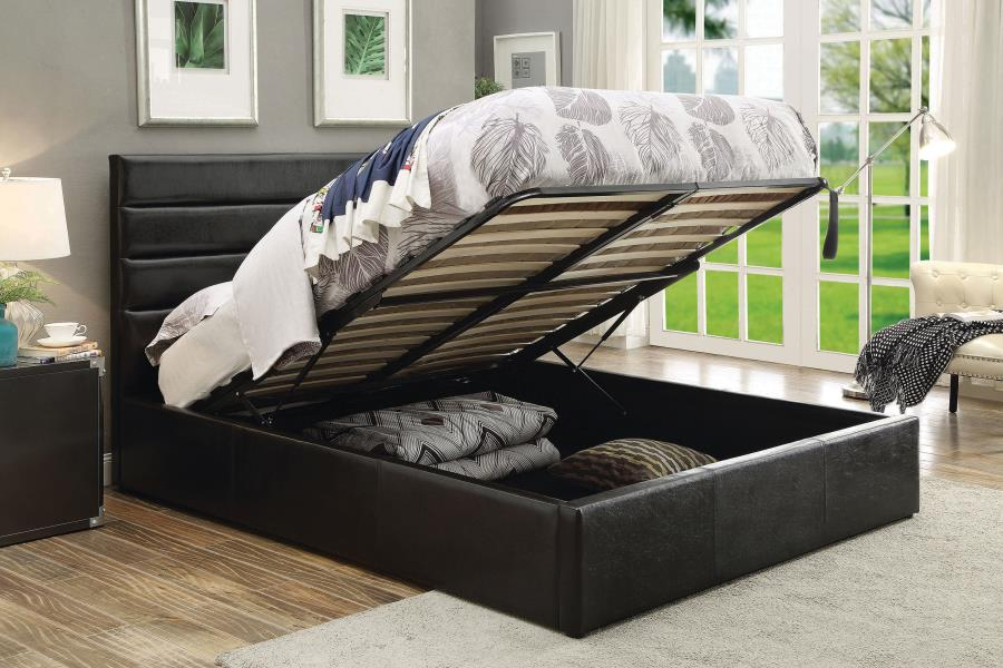 Cama Queen con paneles de almacenaje tapizados Riverbend, color negro 300469Q 