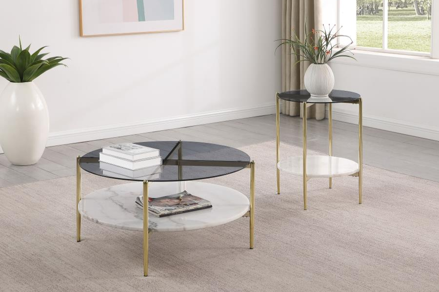 Jonelle Round Glass Top Coffee Table White Marble Shelf Gold 710338