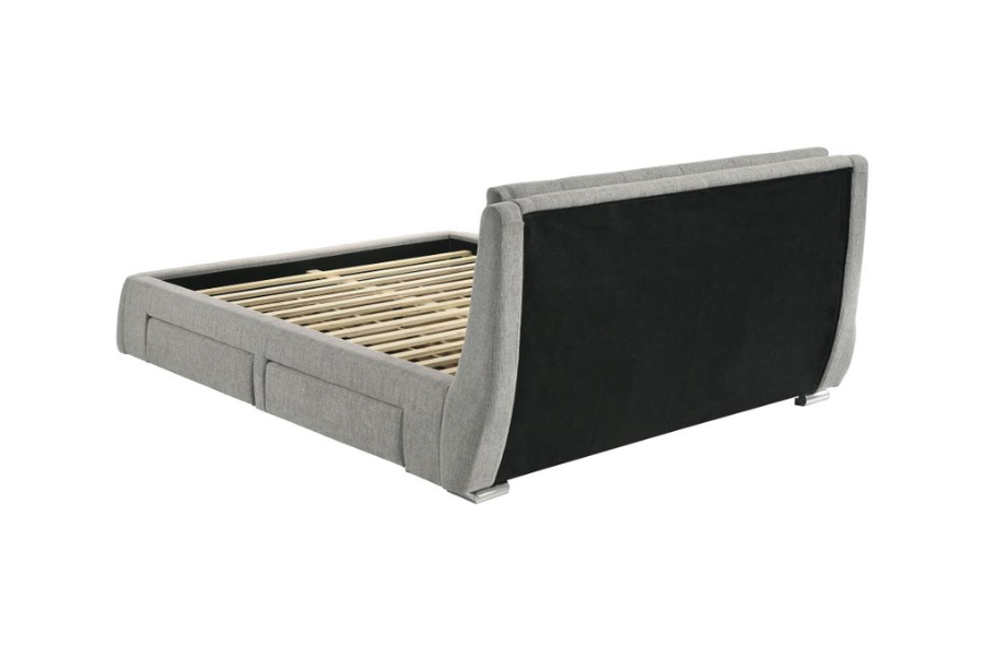 Cama Queen con paneles de almacenaje tapizados Fenbrook en gris 300523Q 