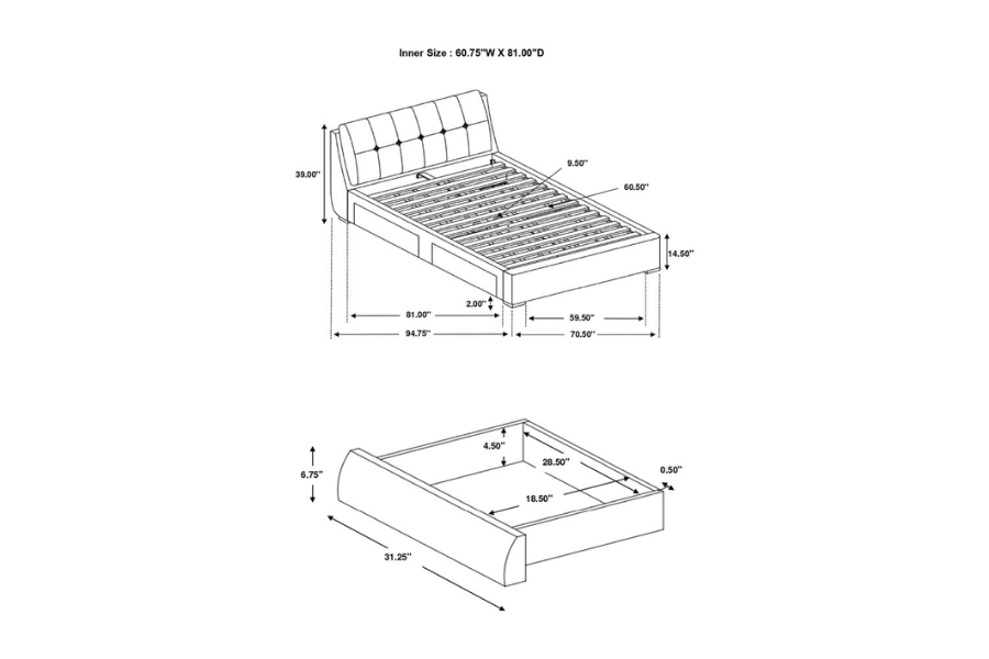 Cama Queen con paneles de almacenaje tapizados Fenbrook en gris 300523Q 