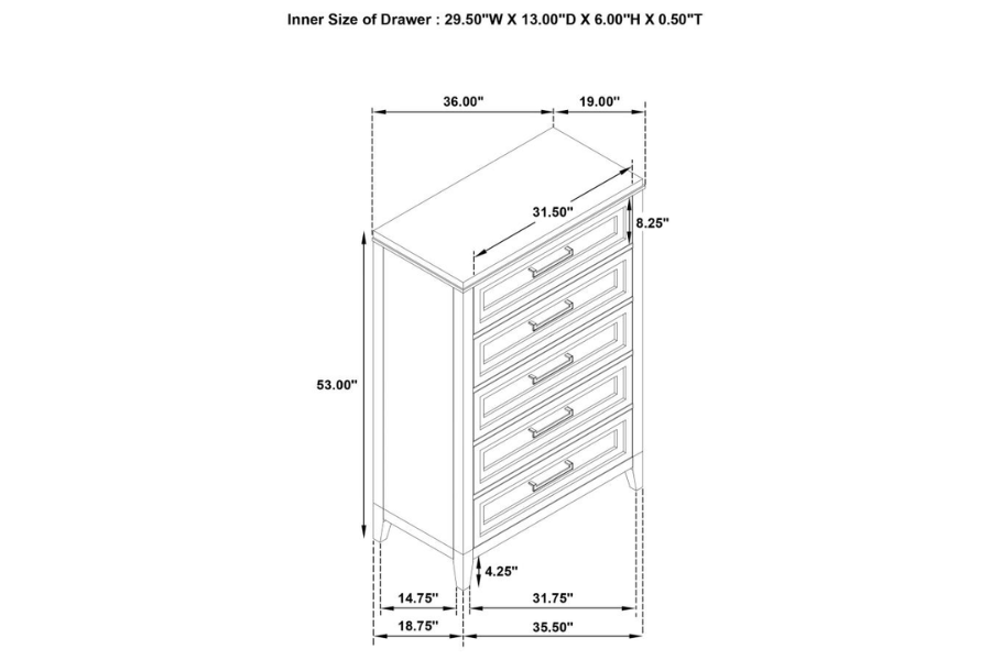 Juego de dormitorio Marielle de 5 piezas con cama tamaño king en color blanco desgastado 224841KE-S5 