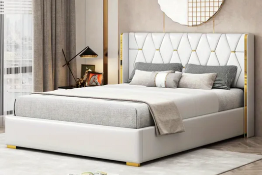 Cama Queen con plataforma y rayas de metal, color beige