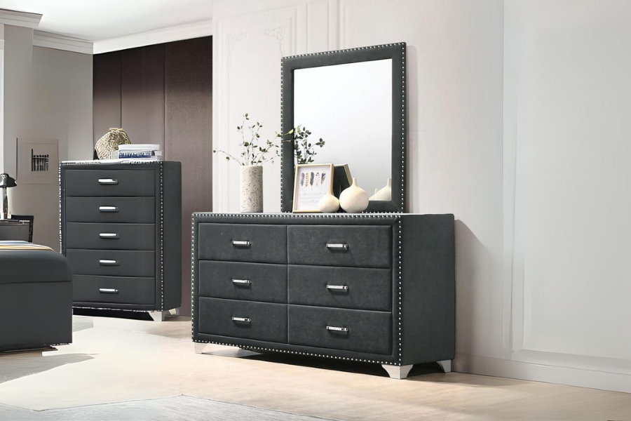 Melody 6-drawer Upholstered Dresser with Mirror Grey 223383M Comming Soon