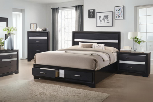 Cama Queen con paneles de almacenaje de madera Miranda, color negro 206361Q 