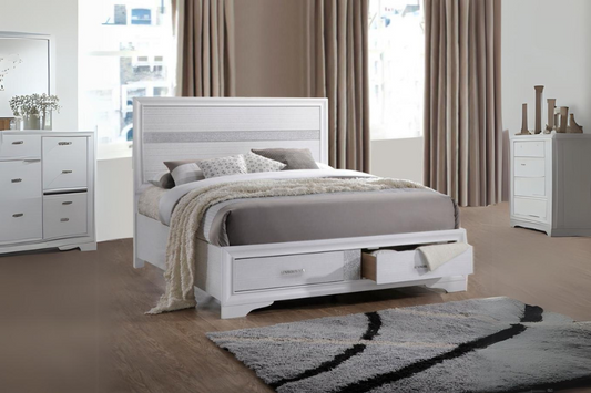 Cama Queen con paneles de almacenaje de madera Miranda en color blanco 205111Q 