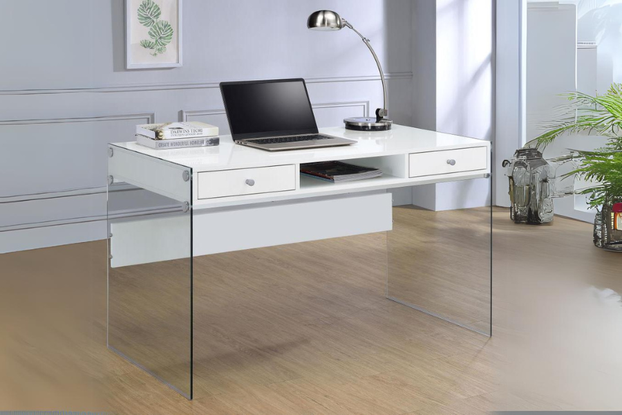 Dobrev 2-drawer Writing Desk Glossy White and Clear 800829