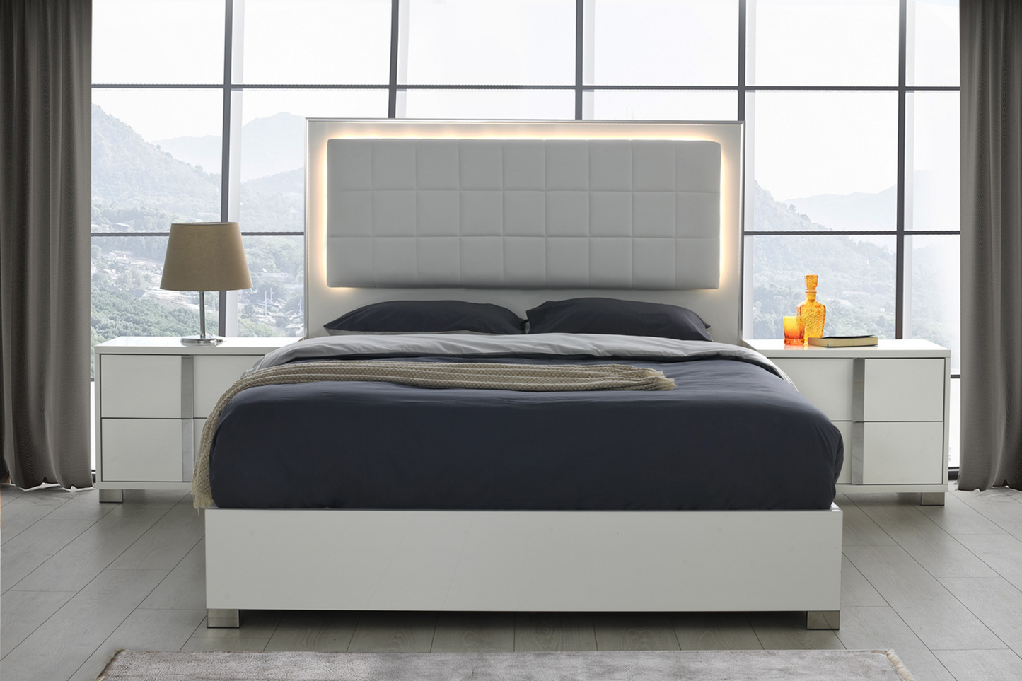 elegant platform bed in white with led lighting