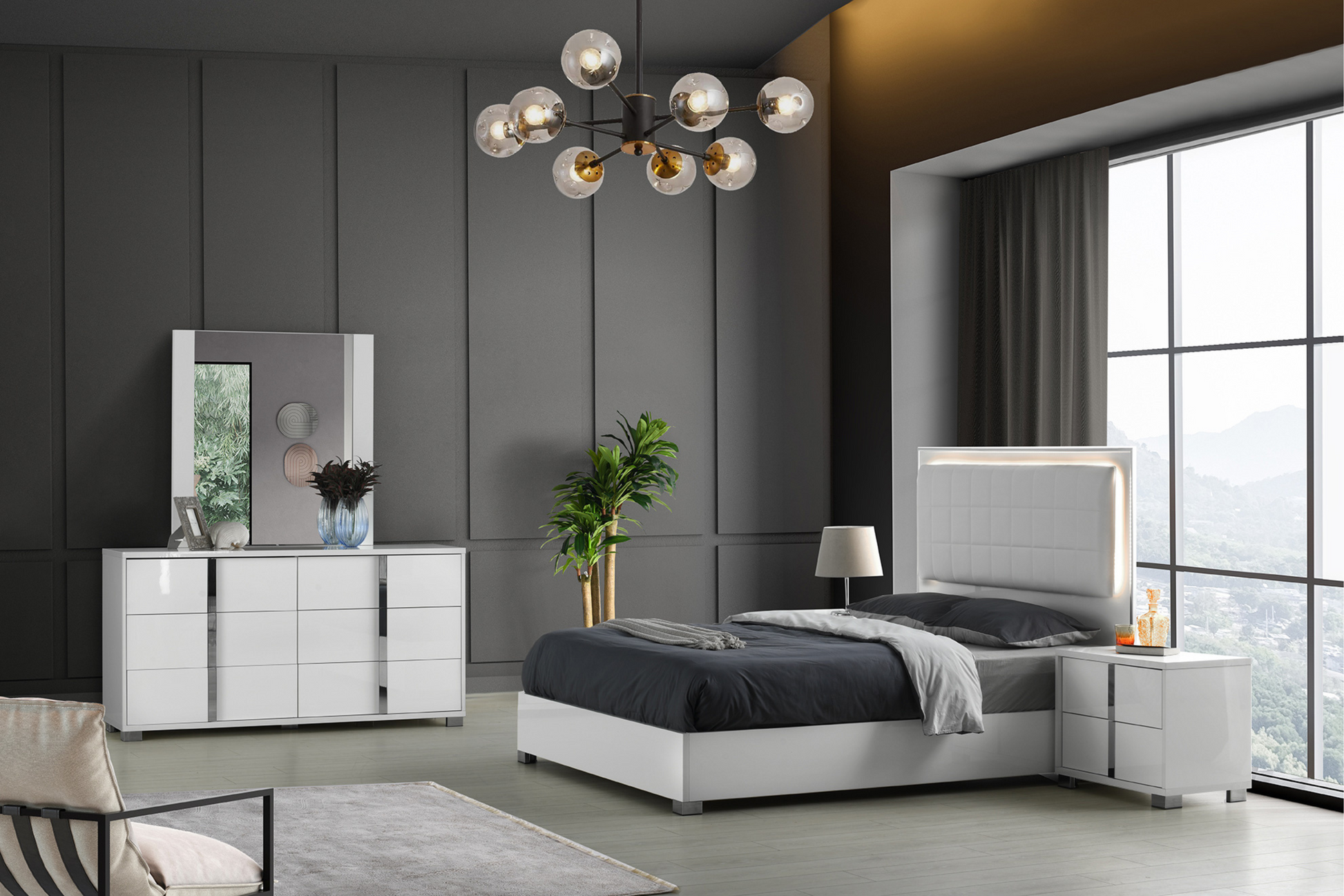 elegant platform bed in white with led lighting