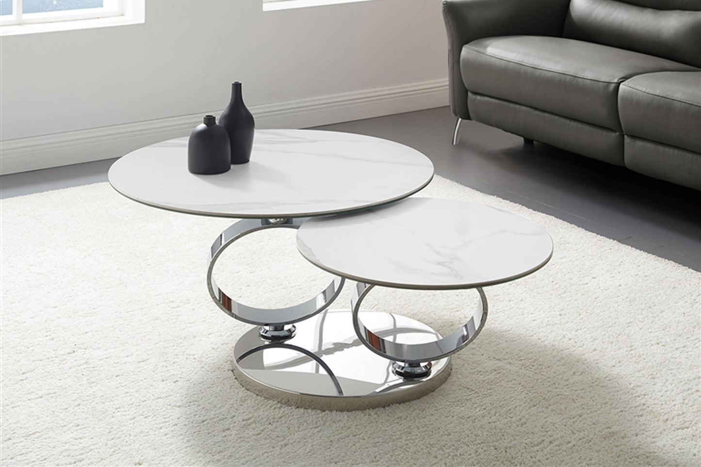 coffee table in white porcelain and chrome base