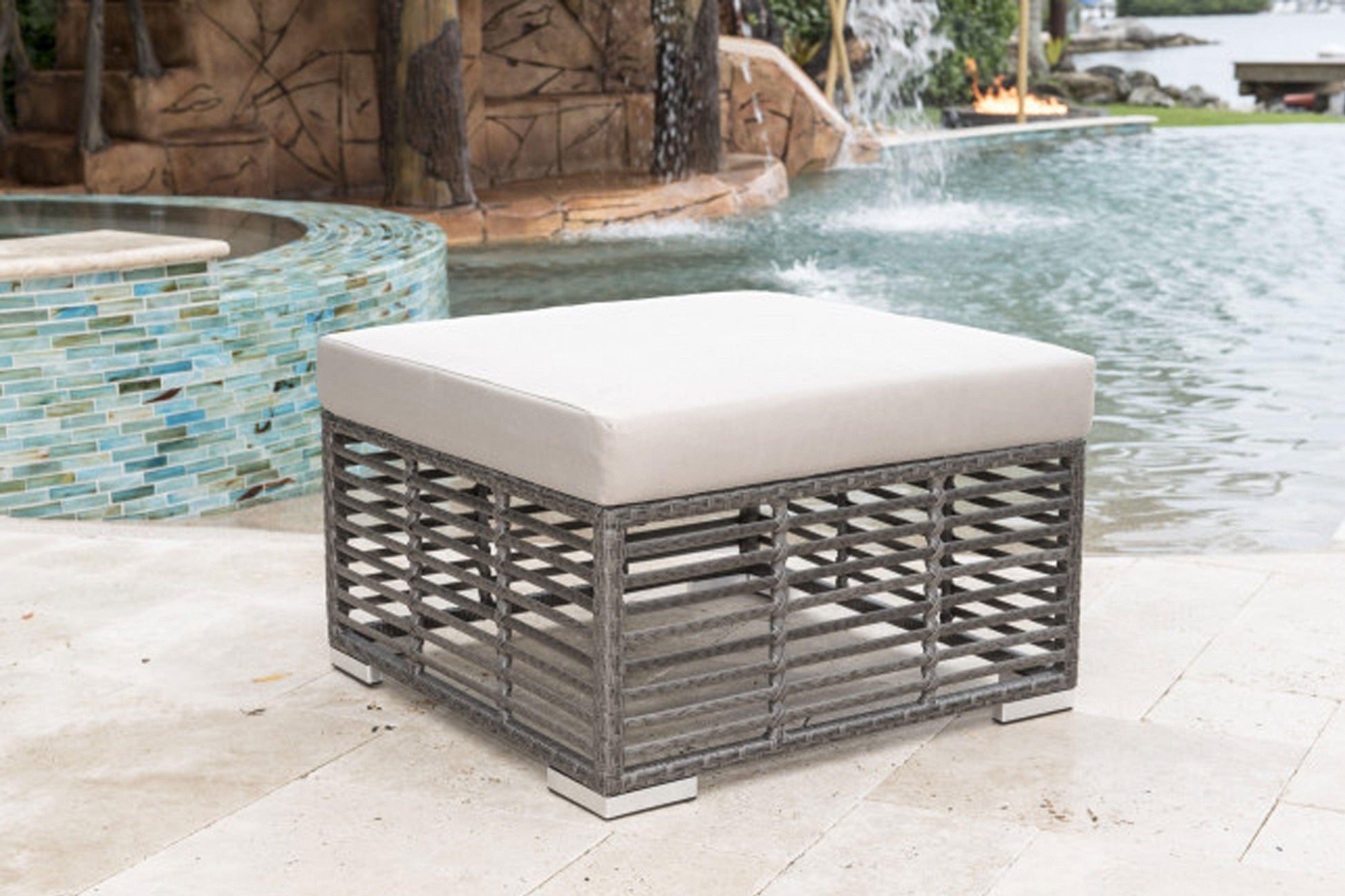 Graphite Square Ottoman w/off-white cushion SKU: PJO-1601-GRY-OT - Venini Furniture 