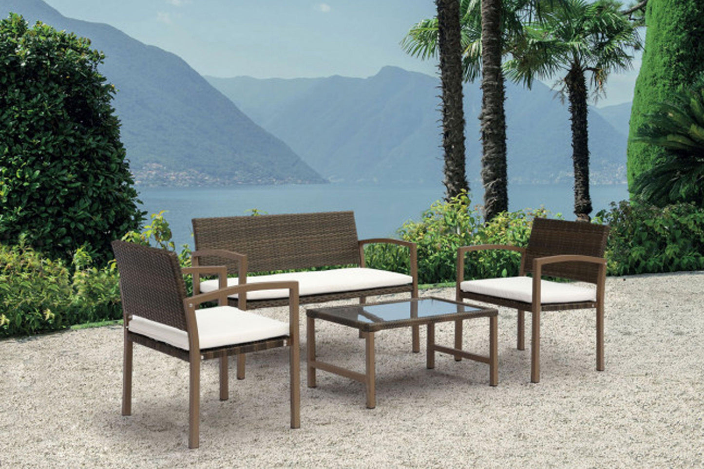 Safari 4 PC Patio Settee w/off-white cushions SKU: 3213 -BRW -4PC - Venini Furniture 