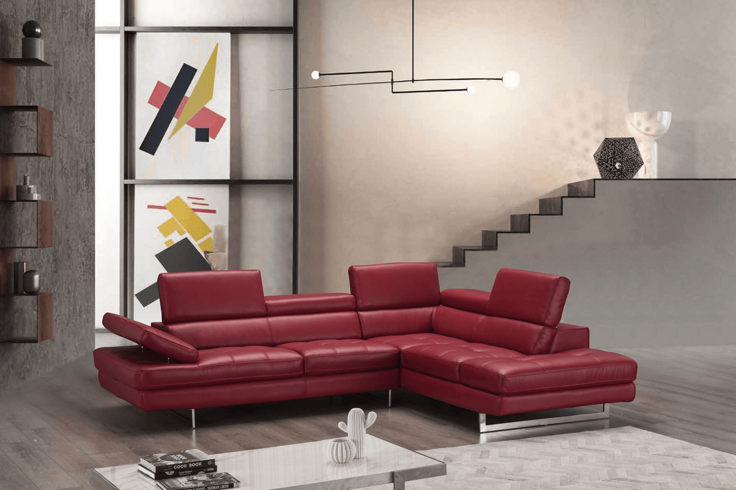 A761 Italian Leather Sectional in Red - Venini Furniture 