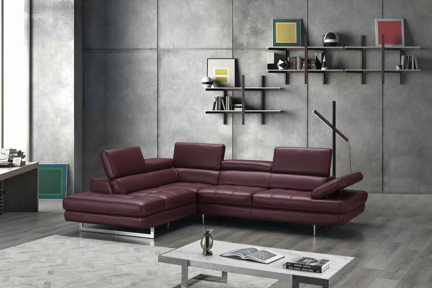 A761 Italian Leather Sectional in Maroon - Venini Furniture 