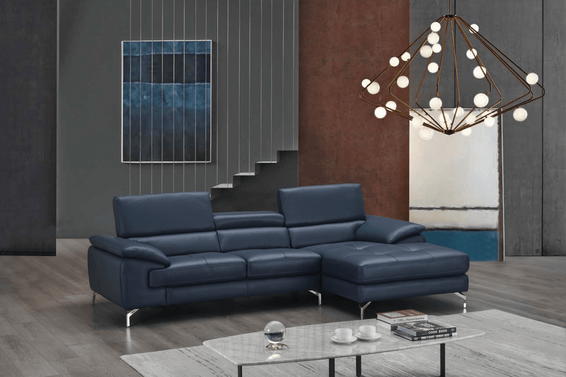 A973b Premium Leather Sectional in Blue - Venini Furniture 