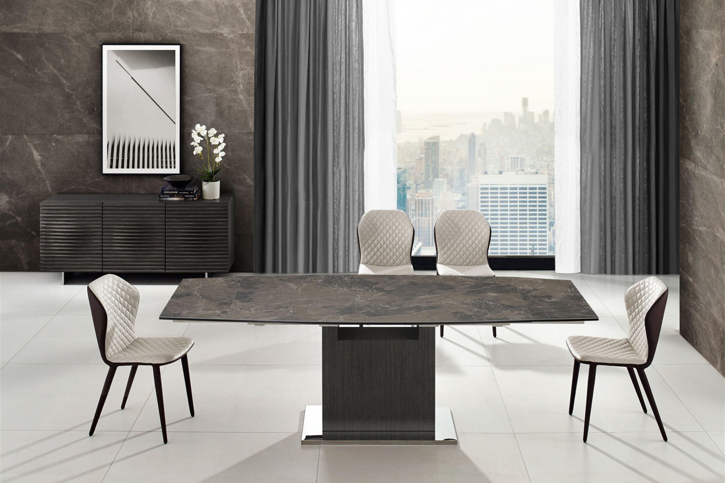 Olivia motorized dining table with dark gray oak base. - Venini Furniture 