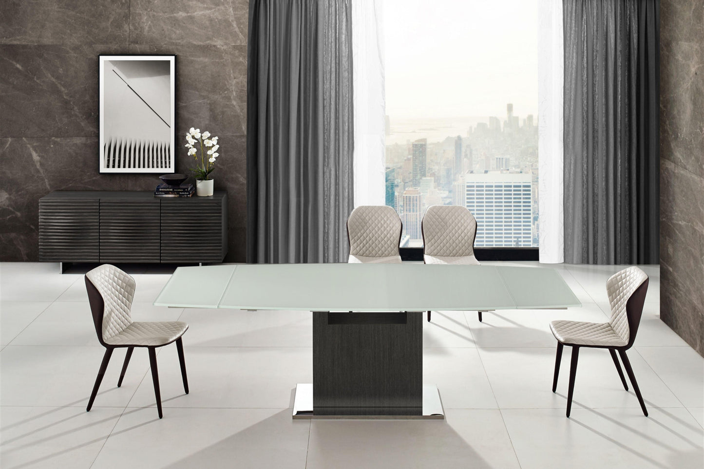 Olivia motorized dining table with dark gray oak base. - Venini Furniture 