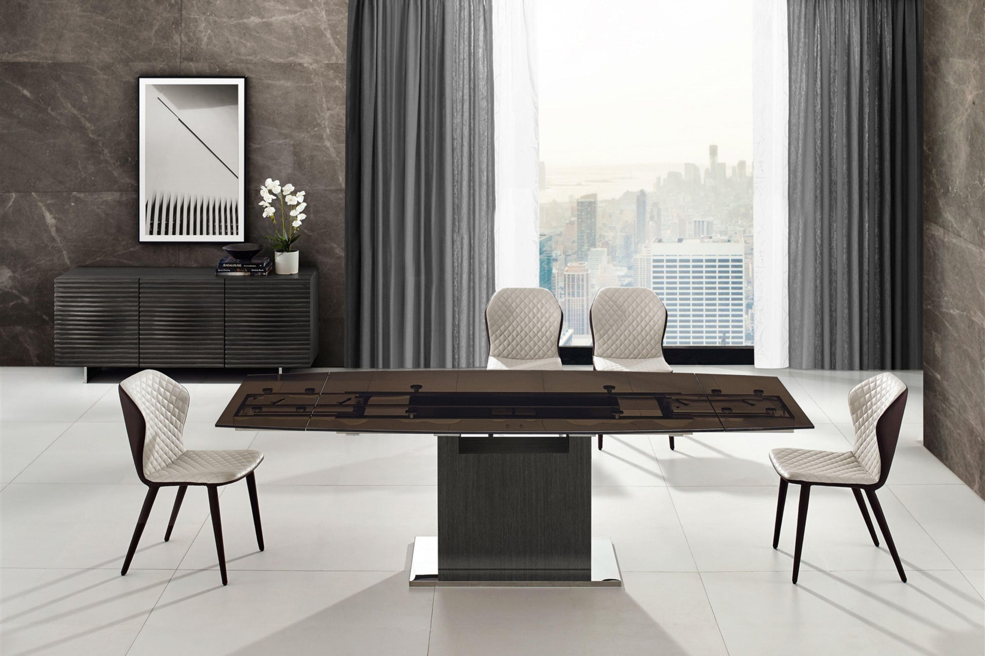 Olivia motorized dining table with dark gray oak base. - Venini Furniture 