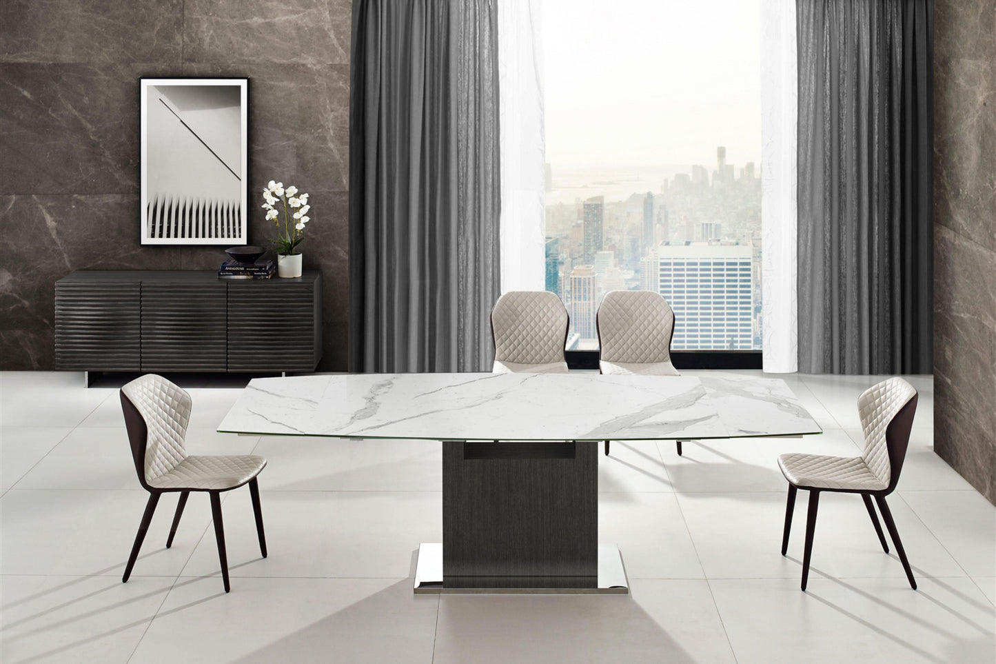 Olivia motorized dining table with dark gray oak base. - Venini Furniture 