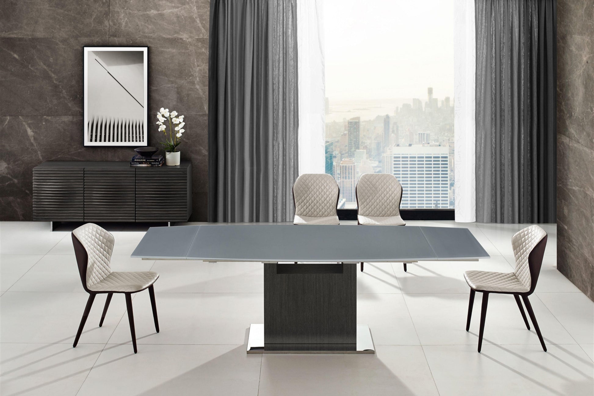 Olivia motorized dining table with dark gray oak base. - Venini Furniture 