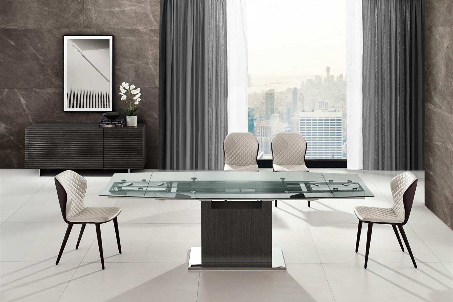 Olivia motorized dining table with dark gray oak base. - Venini Furniture 