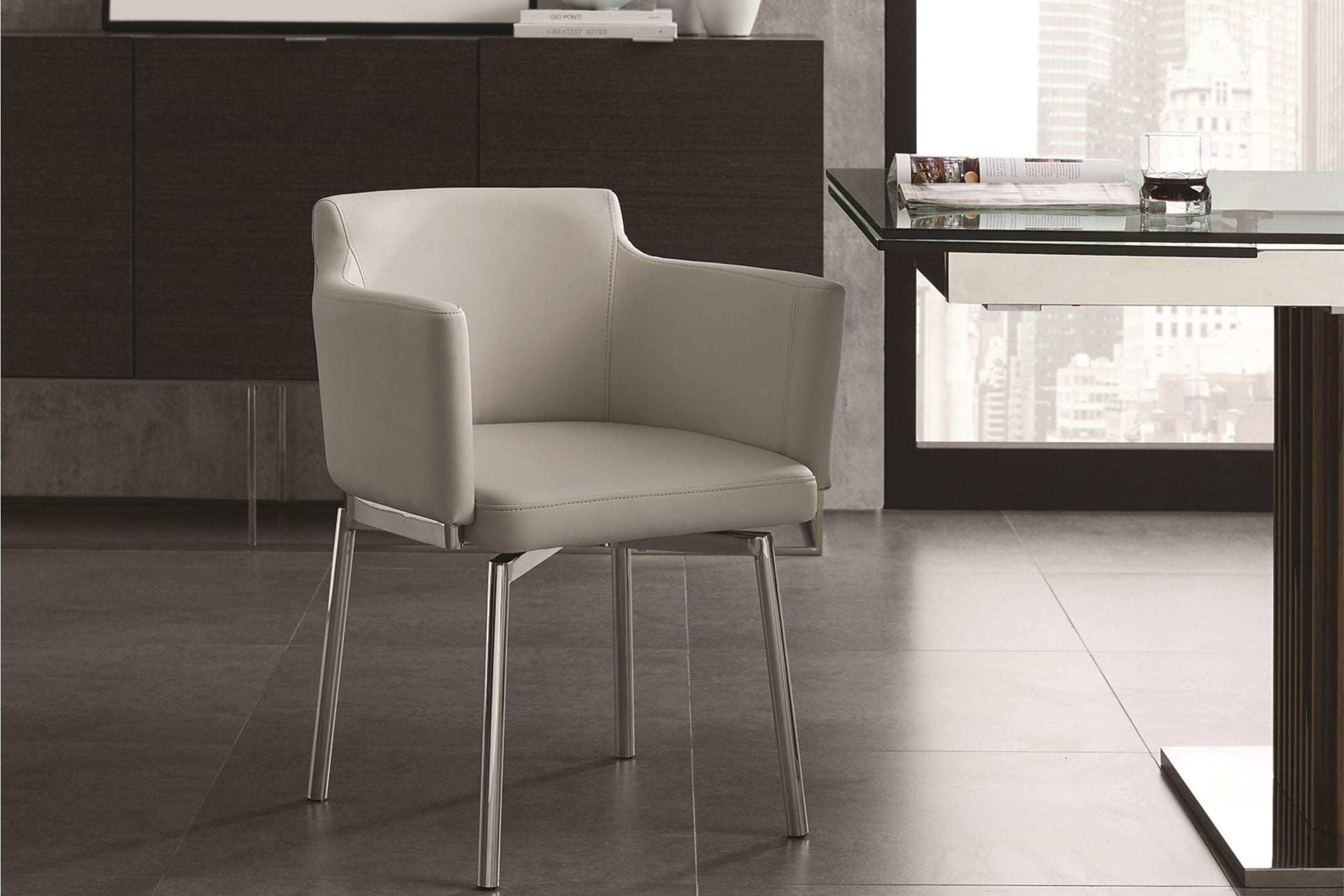 arm dining chair in white pu with swivel polished stainless steel